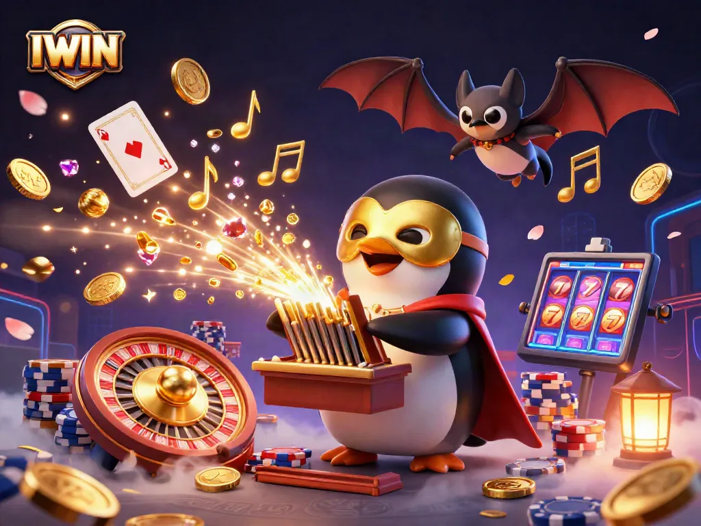 IWIN casino scene featuring a phantom opera penguin amidst flying coins and vibrant gaming elements, creating an immersive gambling atmosphere.