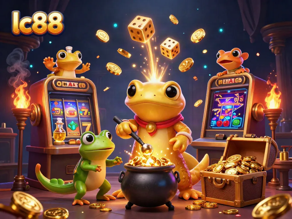 Experience thrilling slots action with lc88 in this vibrant 3D casino scene of magical alchemy.