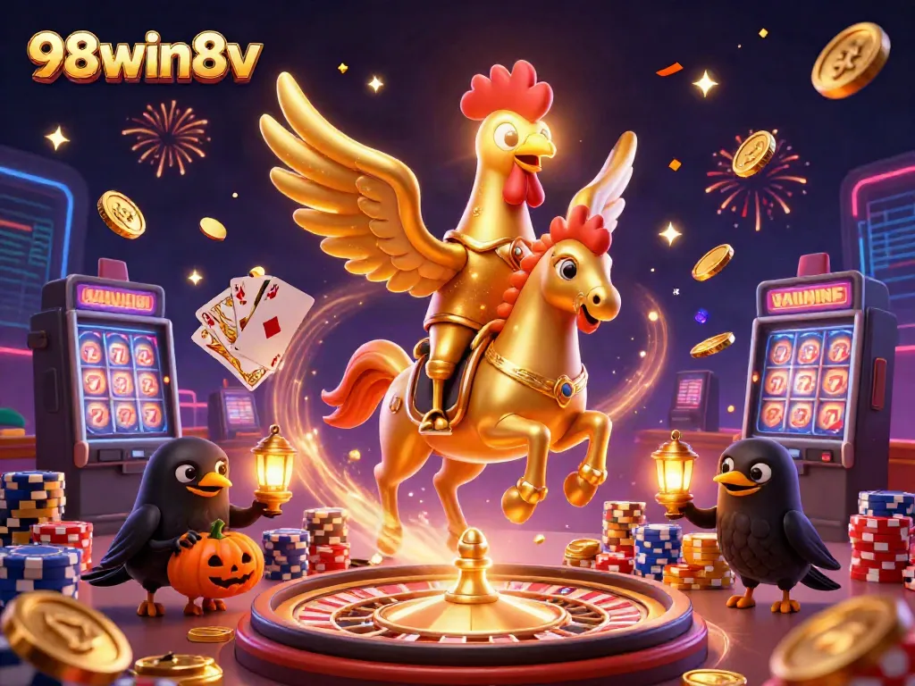 Experience thrilling wins at 98win8v with a vibrant 3D casino illustration showcasing games, symbols, and excitement.