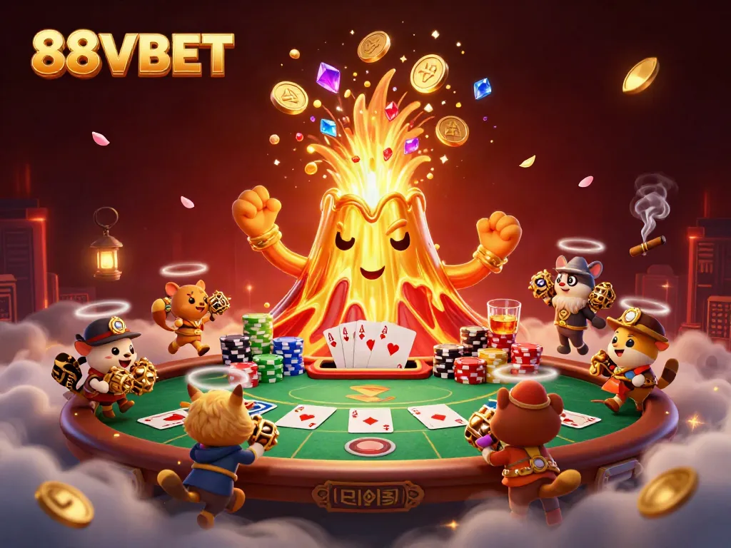 88VBET brings excitement with a stunning 3D volcano erupting treasure and poker elements in a vibrant casino scene.