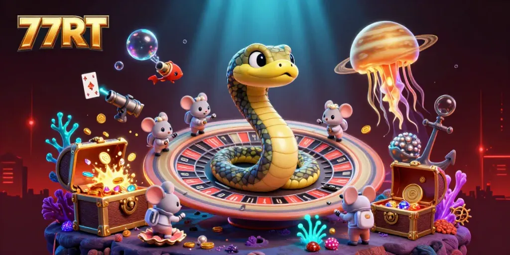 Experience the thrilling universe of 77RT with astronaut mice betting on a cosmic roulette wheel amid vibrant treasures.