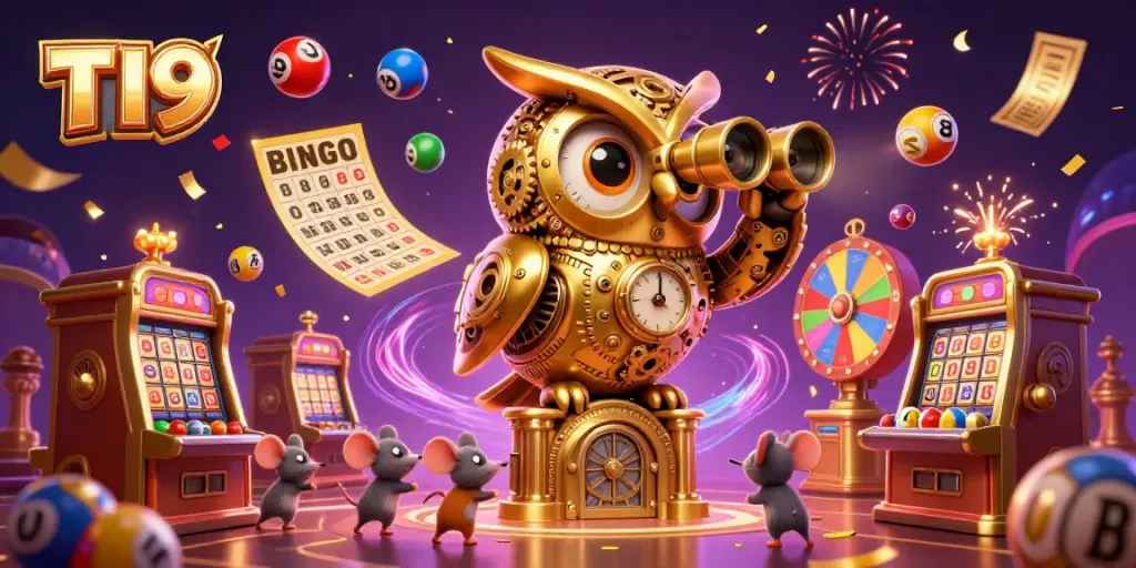 Experience the vibrant T19 casino floor with a clockwork owl overseeing exciting games and playful mice.
