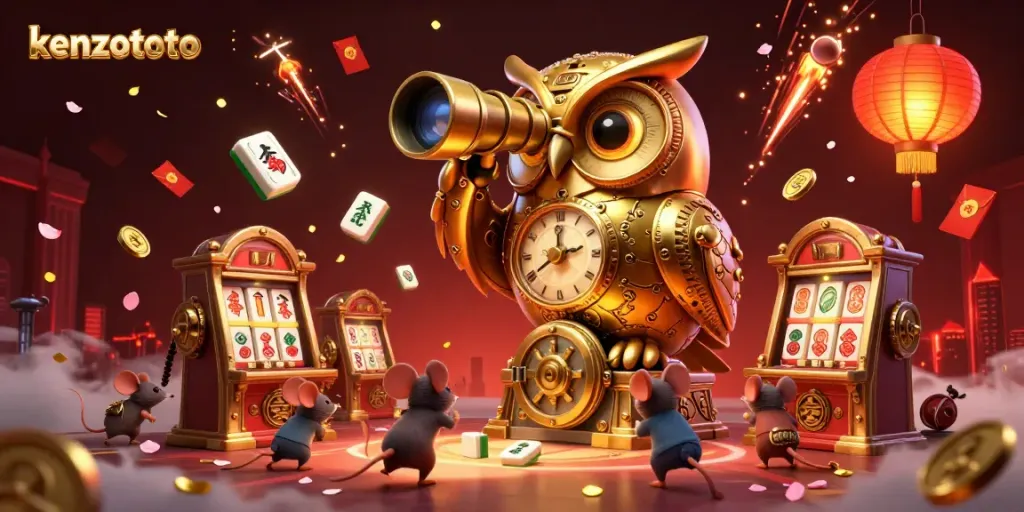 Engage with the vibrant kenzototo casino scene showcasing a clockwork golden owl and cheerful mouse patrons amidst dynamic game elements.