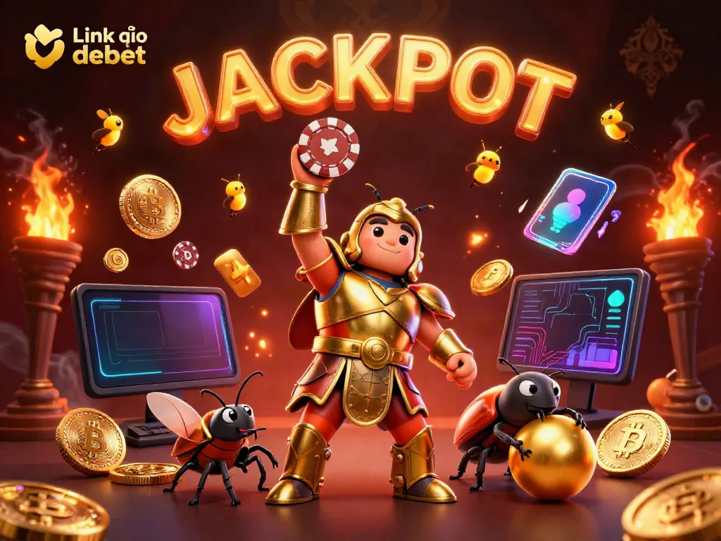 Experience thrilling wins with Link vào debet as the golden beetle celebrates with poker chips and fireflies