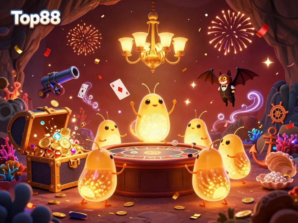 Engage with Top88's vibrant cave casino scene, featuring glowworms and bioluminescent lighting.