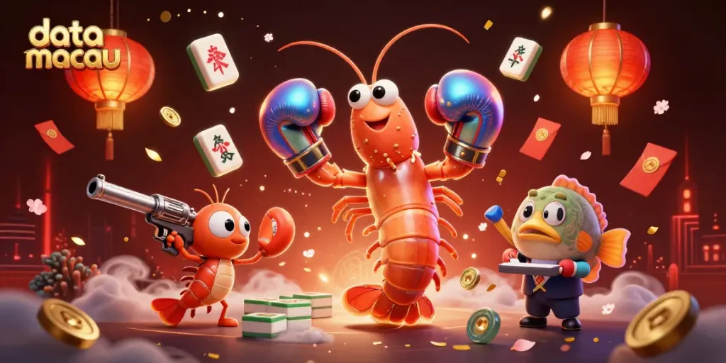 Memantau hasil data macau dengan mantis shrimp dan pistol shrimp dalam scene kasino yang penuh warna.