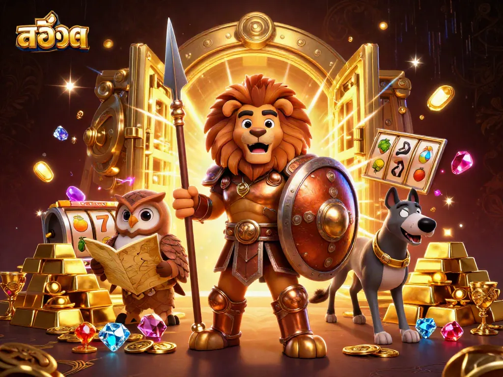 Spin the reels of สล็อต in an energetic scene filled with golden treasures and dynamic characters.