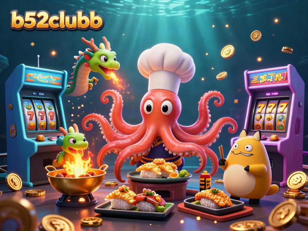 Experience the vibrant world of b52clubb with a dynamic illustration featuring a sushi chef octopus and gaming elements.