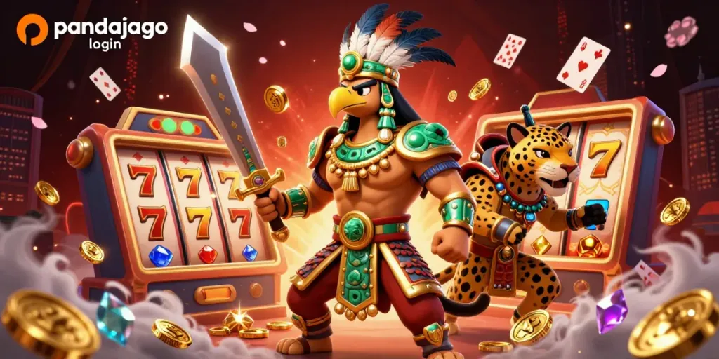 Pengalaman slot online dengan pandajago login, pejuang Aztec dan jackpot di latar belakang yang menakjubkan.