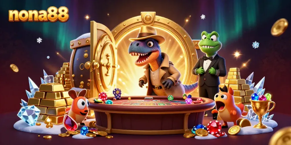 Experience the excitement of nona88 with a cartoon velociraptor card counter at a blackjack table