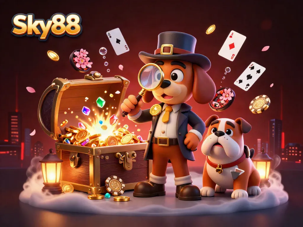 Detective bloodhound investigates a golden poker chip at Sky88, set in an immersive casino atmosphere.