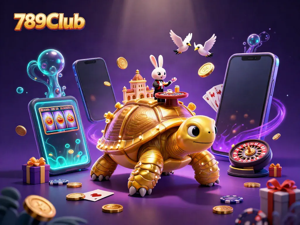 Experience the thrilling 789Club with a golden tortoise casino and vibrant game elements.
