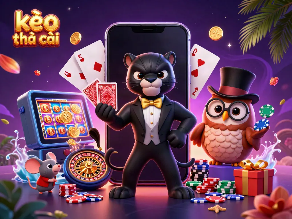 Experience kèo nhà cái with a stylish panther dealer and charming animals amid vibrant casino elements.