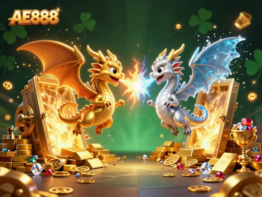 Experience excitement with AE888 in a vibrant 3D casino scene featuring dragons and treasures.