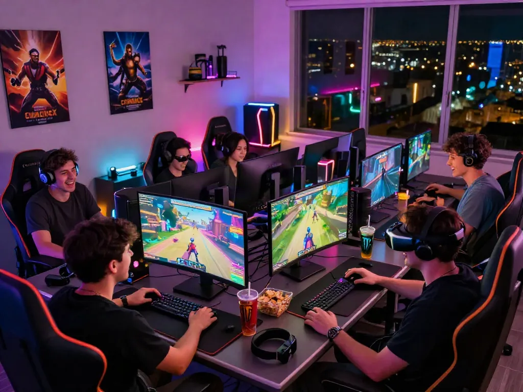 Exciting gaming scene with friends enjoying garuda404 in a vibrant environment, showcasing high-tech setup and lively atmosphere.