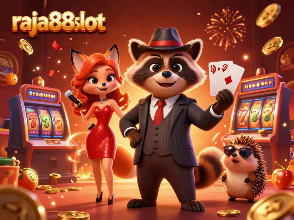Experience the excitement of raja88slot with charming characters in a vibrant casino scene.