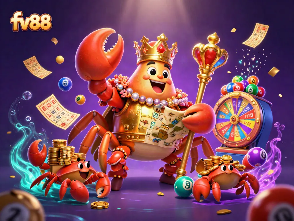 Engage with fv 88’s colorful casino adventure featuring a golden crab emperor in a vibrant gaming scene.