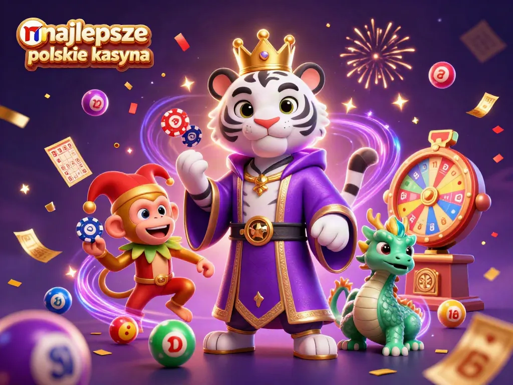 Engage with najlepsze polskie kasyna through lively casino characters surrounded by gaming elements.