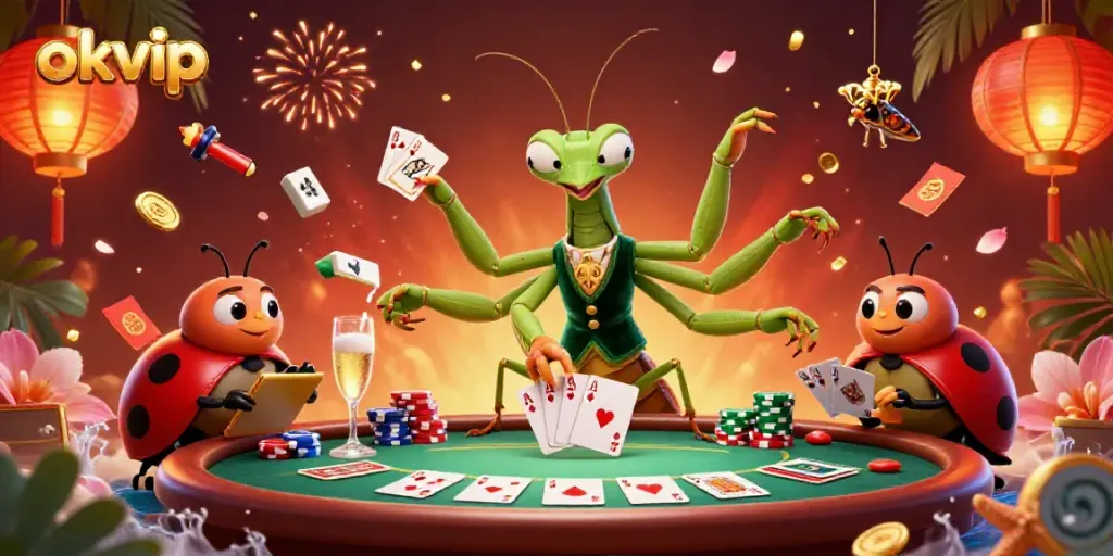 okvip thrilling casino scene with a giant praying mantis card sharp, vibrant gaming elements, and dynamic character interactions