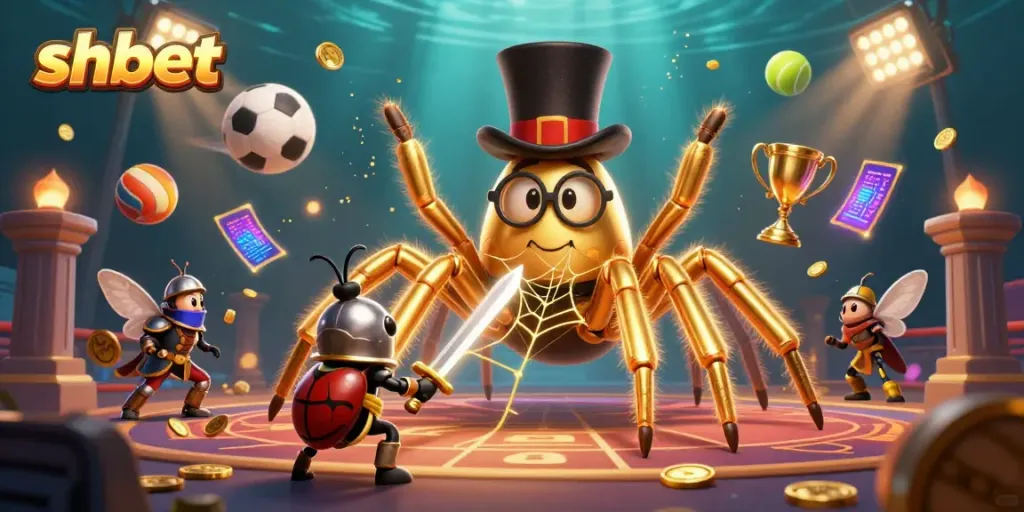 Engage with shbet’s vibrant online casino experience featuring a golden tarantula, beetle knight, and sports elements.