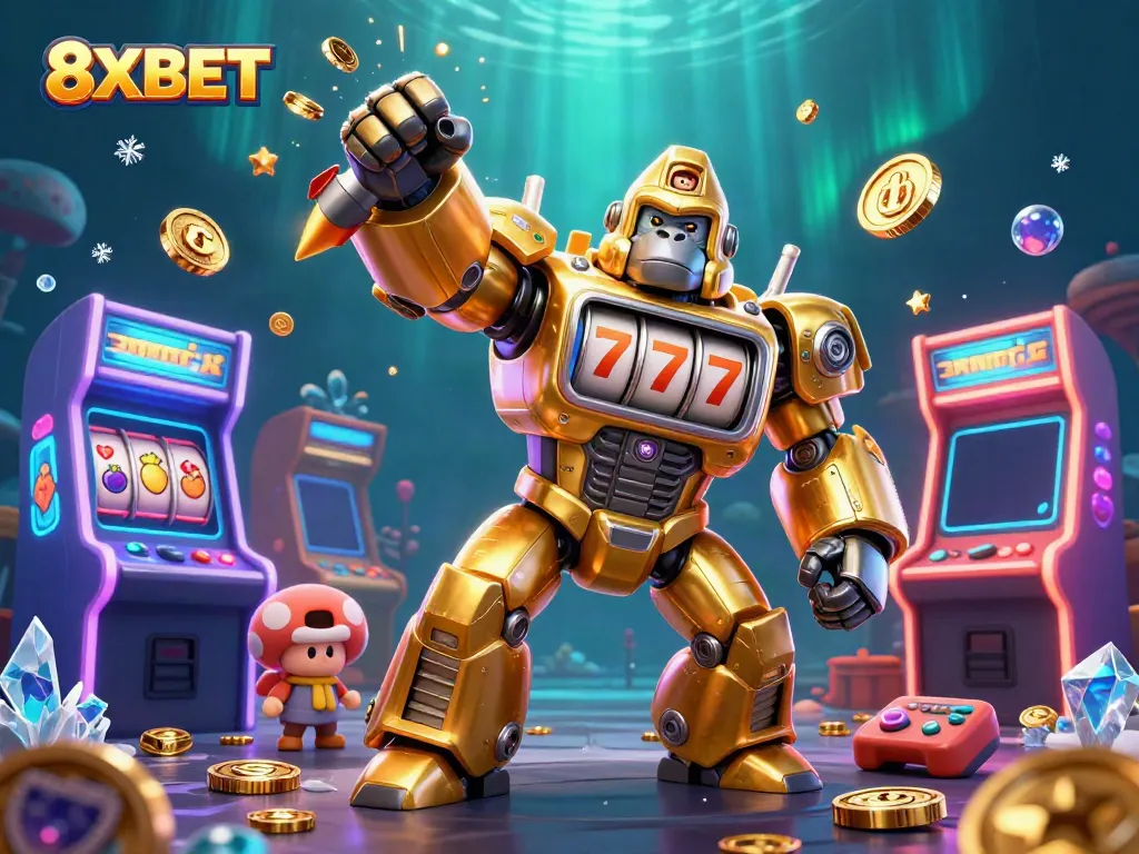 Experience the thrill of 8XBET with a golden gorilla mech surrounded by arcade elements.