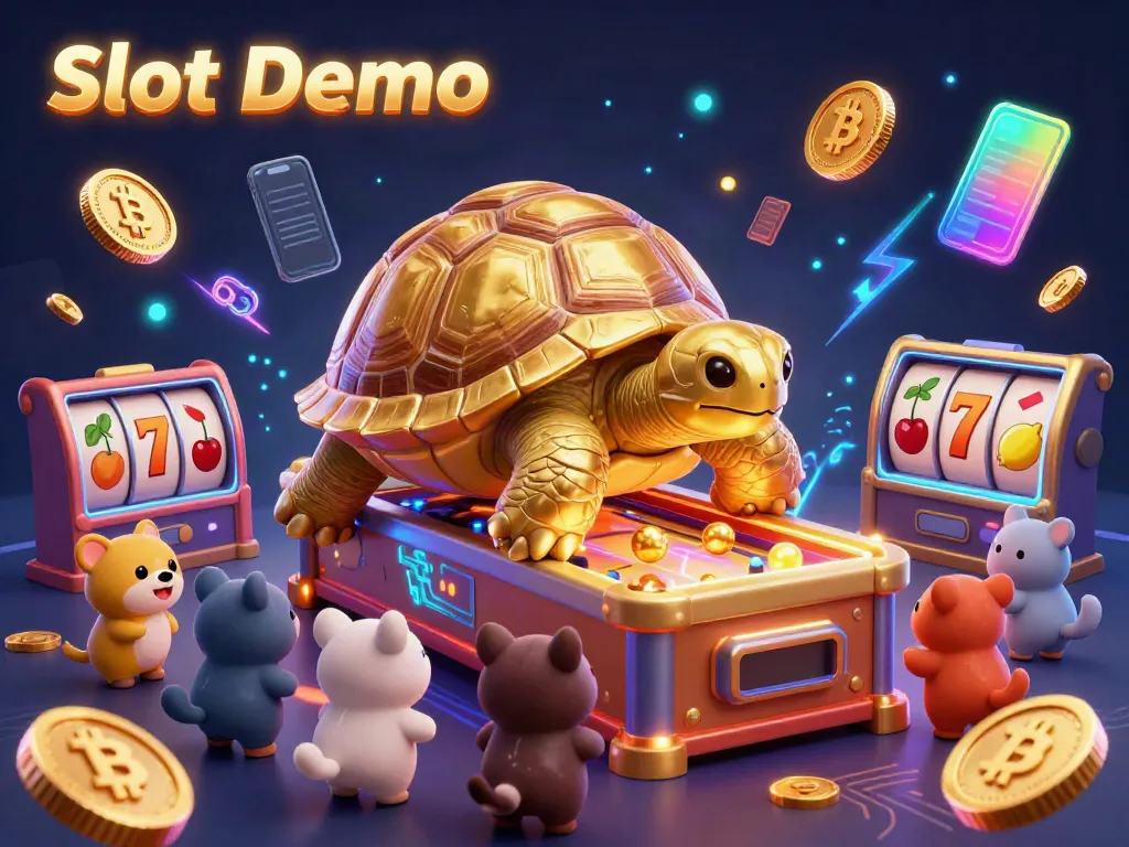 Experience Slot Demo with a lively scene of a golden tortoise pinball machine and excited animals, capturing the thrill of gambling.