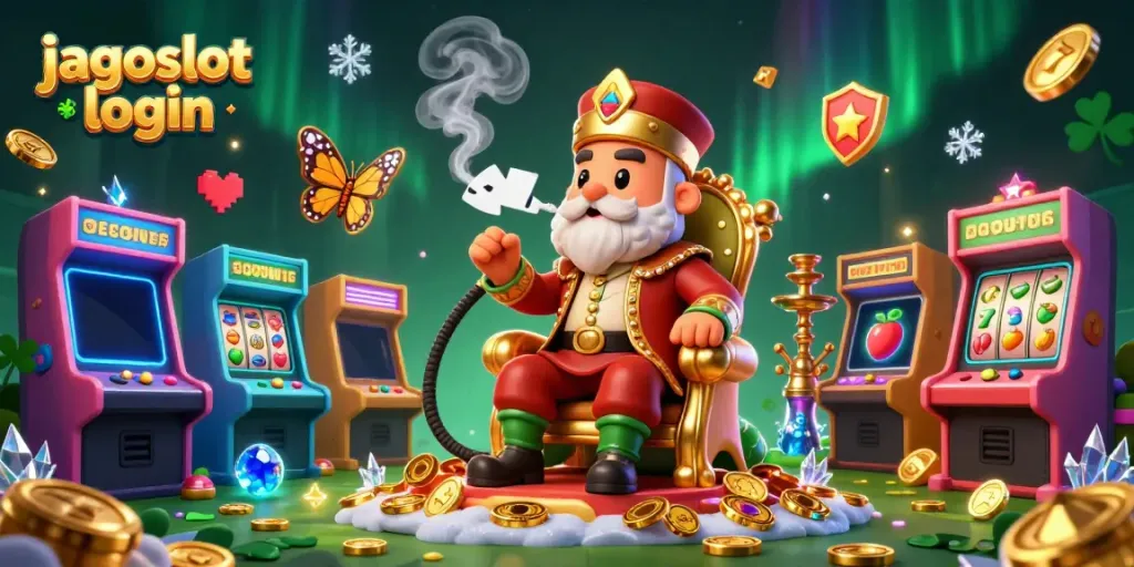 Gambaran menarik jagoslot login dengan karakter raja hookah dan mesin slot penuh warna.