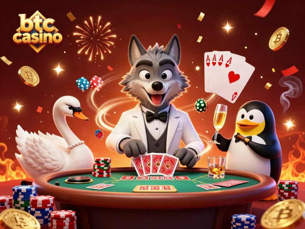 Engage at a vibrant btc casino with characters enjoying baccarat and lively celebrations.