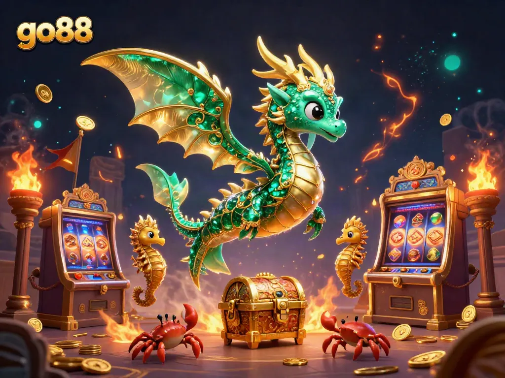 Experience the vibrant thrill of go88 with a dynamic sea dragon scene, showcasing exciting casino elements.