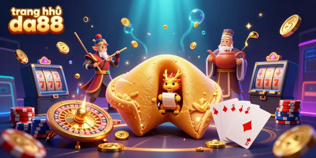 Engage with the vibrant world of trang chủ da88, featuring a golden fortune cookie scene with dynamic casino elements.