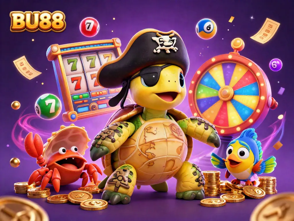Experience the thrill of BU88 Casino with vibrant slot elements and energetic characters in a detailed 3D illustration.