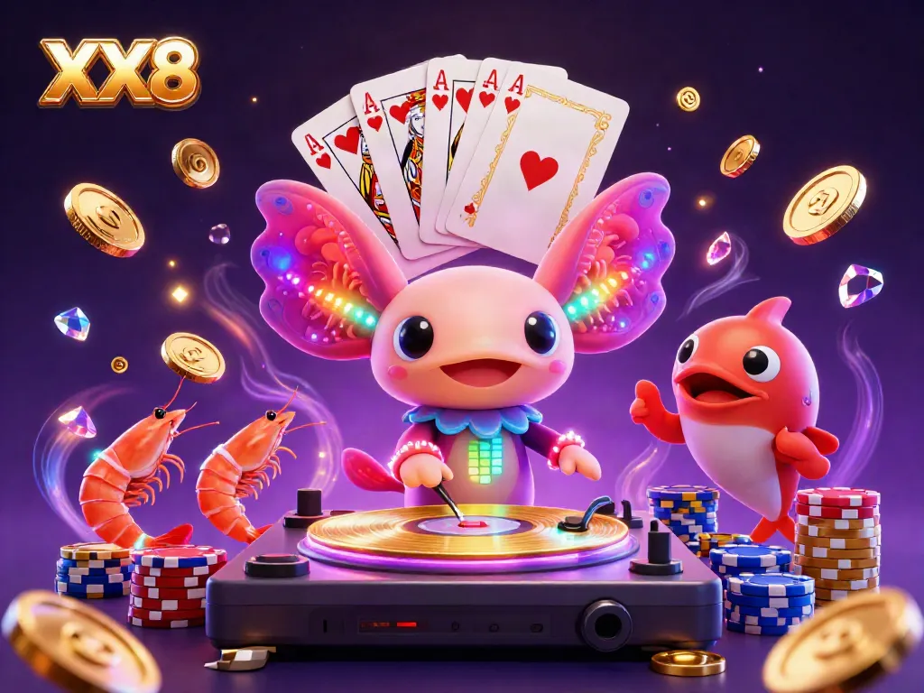Catch the excitement at XX8 with a vibrant casino-themed illustration featuring a neon axolotl DJ.