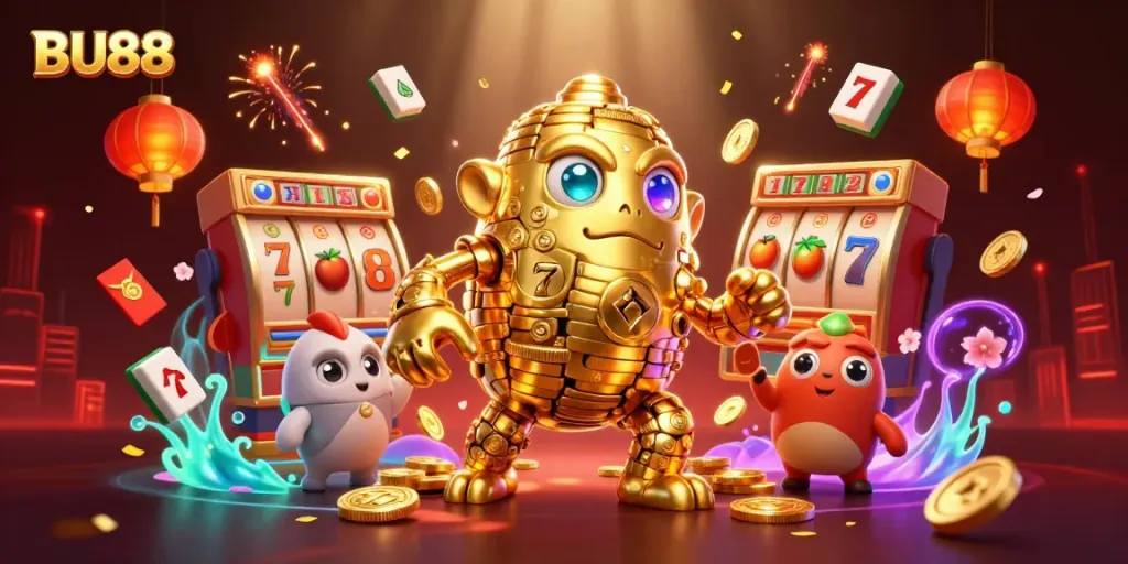 Engage with BU88's vibrant casino scene featuring a golden golem and rich gaming elements.