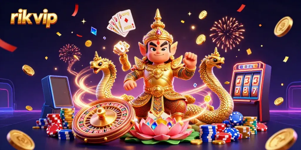 Experience immersive fun with rik vip, featuring a guardian and casino elements in a vibrant 3D scene.
