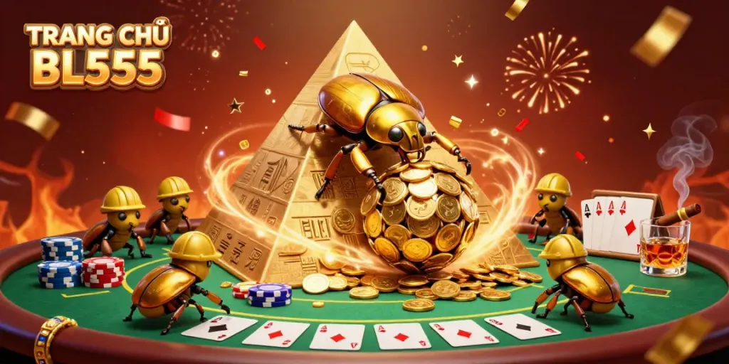 Engage with TRANG CHỦ BL555's lively casino atmosphere featuring golden symbols, poker elements, and festive decorations