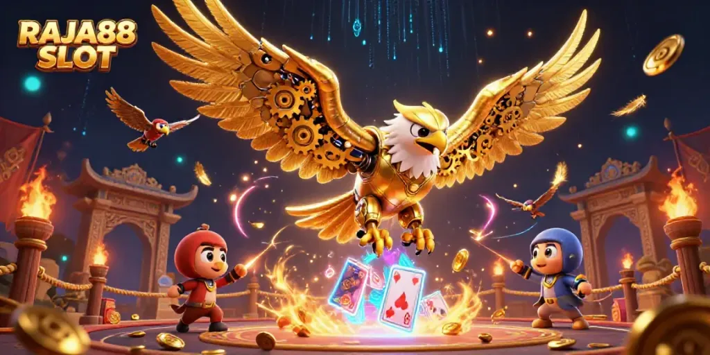 Experience the thrill of RAJA88 SLOT with a stunning 3D illustration featuring a cybernetic golden eagle amidst vibrant casino elements.