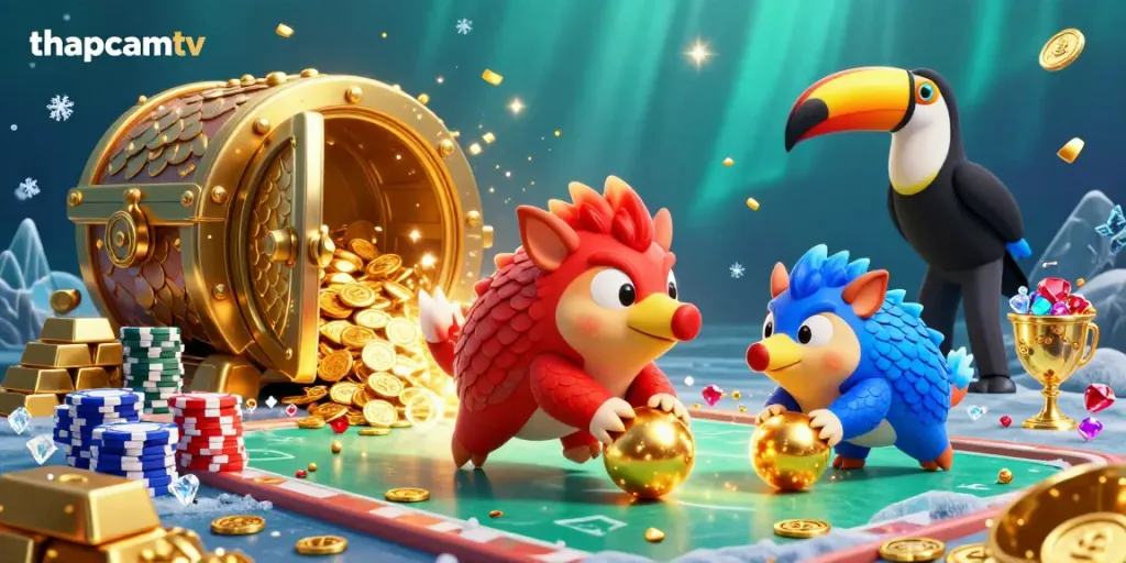 thapcamtv showcases cartoon pangolins bowling through poker chips in an exciting 3D casino scene.