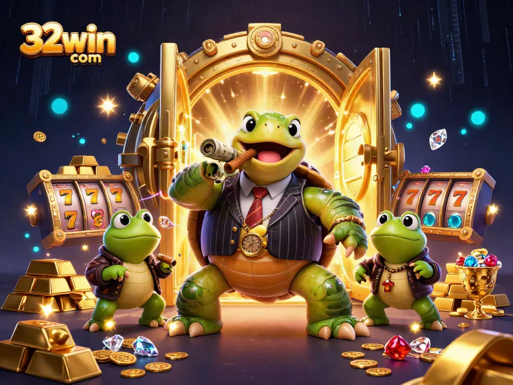 Spin the reels at 32win com with a lively 3D turtle and bullfrogs in a vibrant casino.