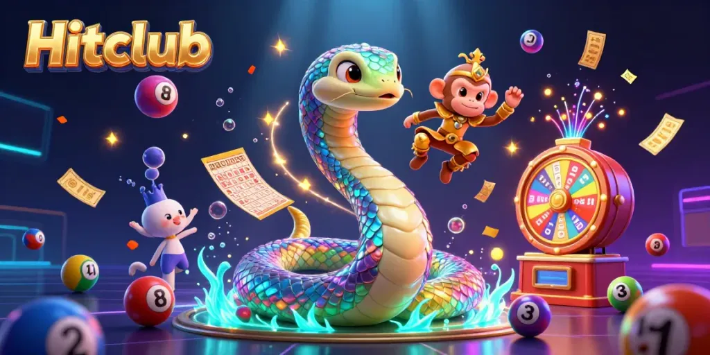Hitclub's vibrant gaming scene featuring a rainbow serpent and monkey king amidst falling lottery elements.