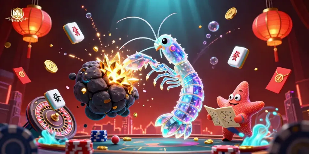SUNWIN platform showcasing a vibrant 3D illustration of a galactic mantis shrimp amidst spinning coins and poker chips.