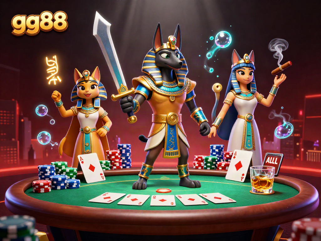 Experience thrilling poker action at gg88 with Anubis and Bastet amidst vibrant casino elements.