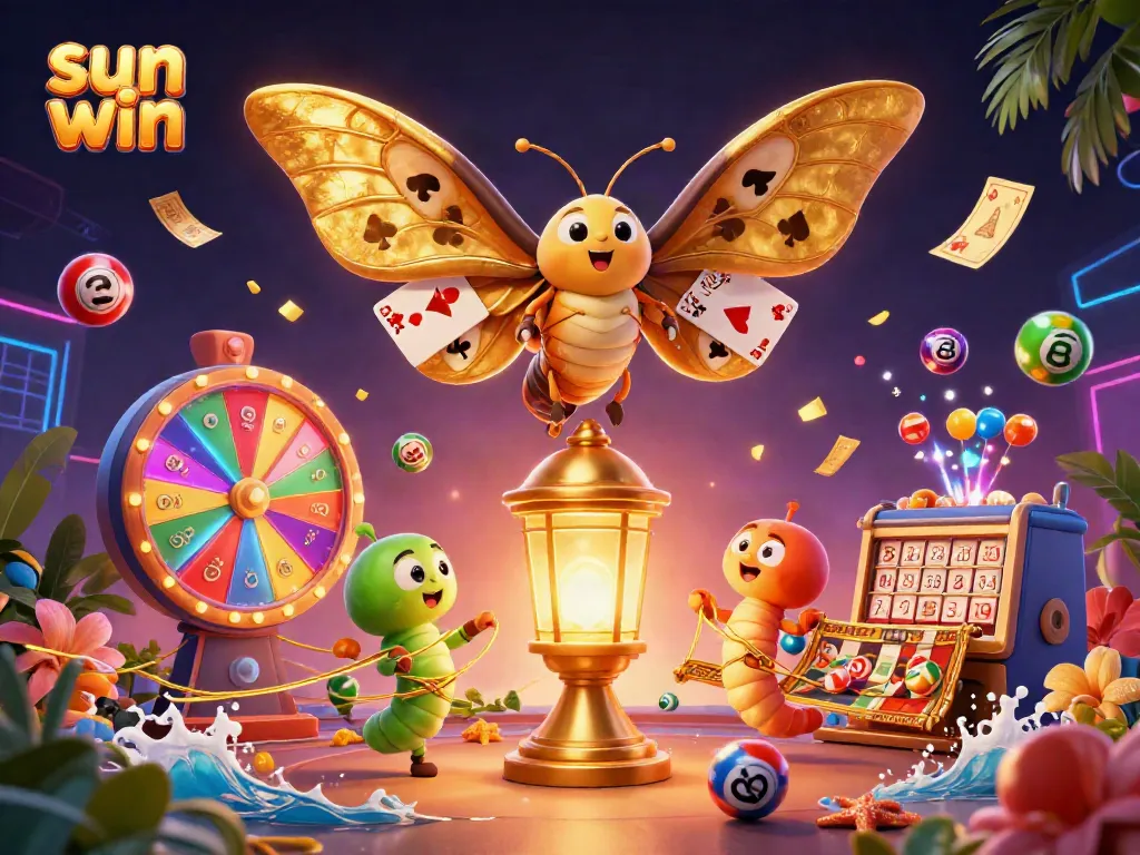 Win exciting prizes with sun win, featuring dynamic lottery balls and vibrant casino elements.