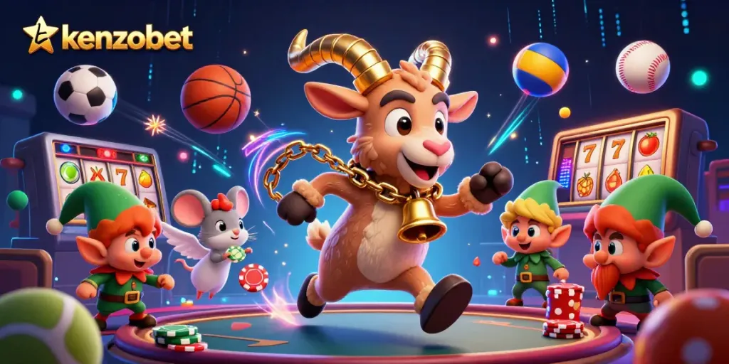 Kenzobet delivers adrenaline-pumping action, featuring a fantasy casino scene with Krampus, angel mouse, and playful gremlins.