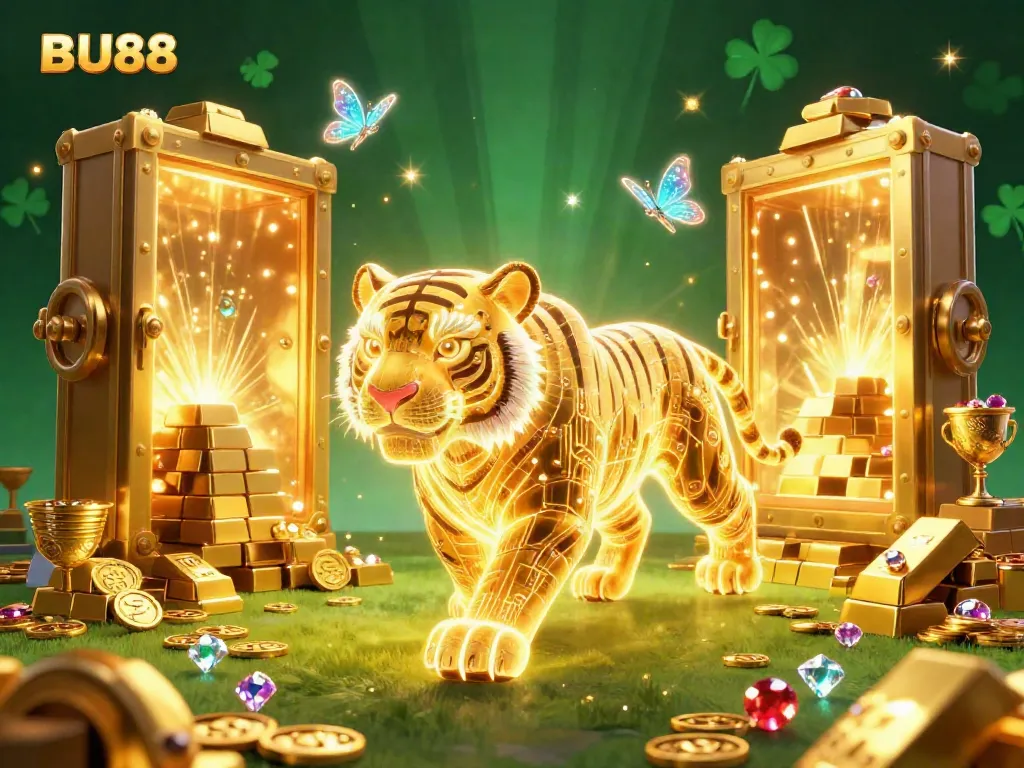 Engage with BU88's vibrant casino scene featuring a neon golden tiger amidst treasures and gaming elements.