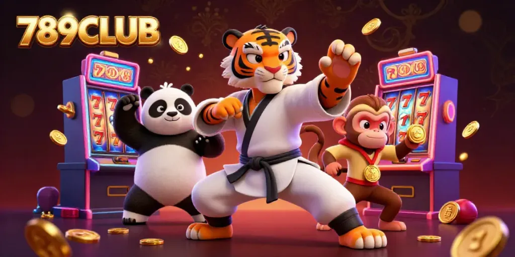 Engage with the thrilling excitement of 789CLUB amidst vibrant slot machine action featuring dynamic casino elements.