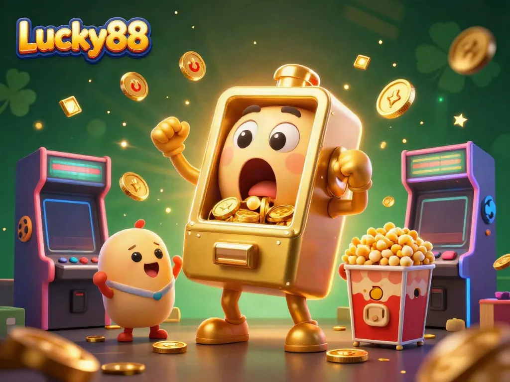 Engage with Lucky88's exciting jackpot scene featuring a golden slot machine pouring coins, thrilled baby slots, and vibrant game elements.