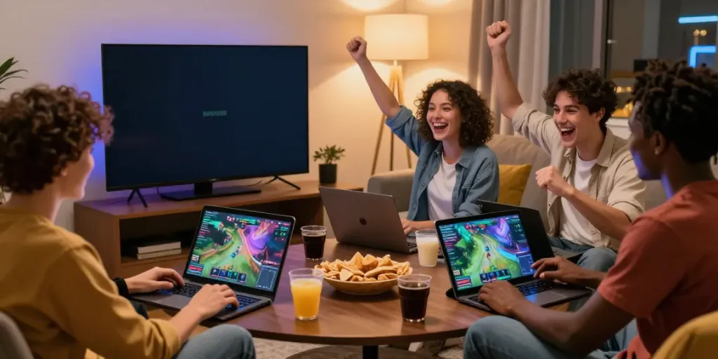 Exciting online gaming session with friends enjoying davo 88 in a cozy living room.