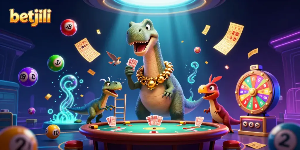 Betjili casino scene with a brontosaurus and raptor, showcasing dynamic gaming elements.