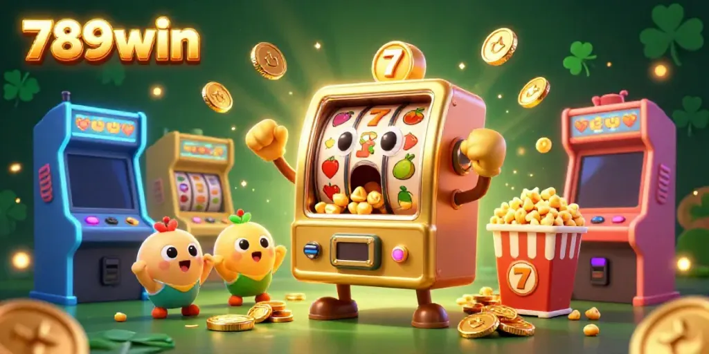 Experience the thrill of winning with 789win, featuring a lively golden slot machine hitting the jackpot.