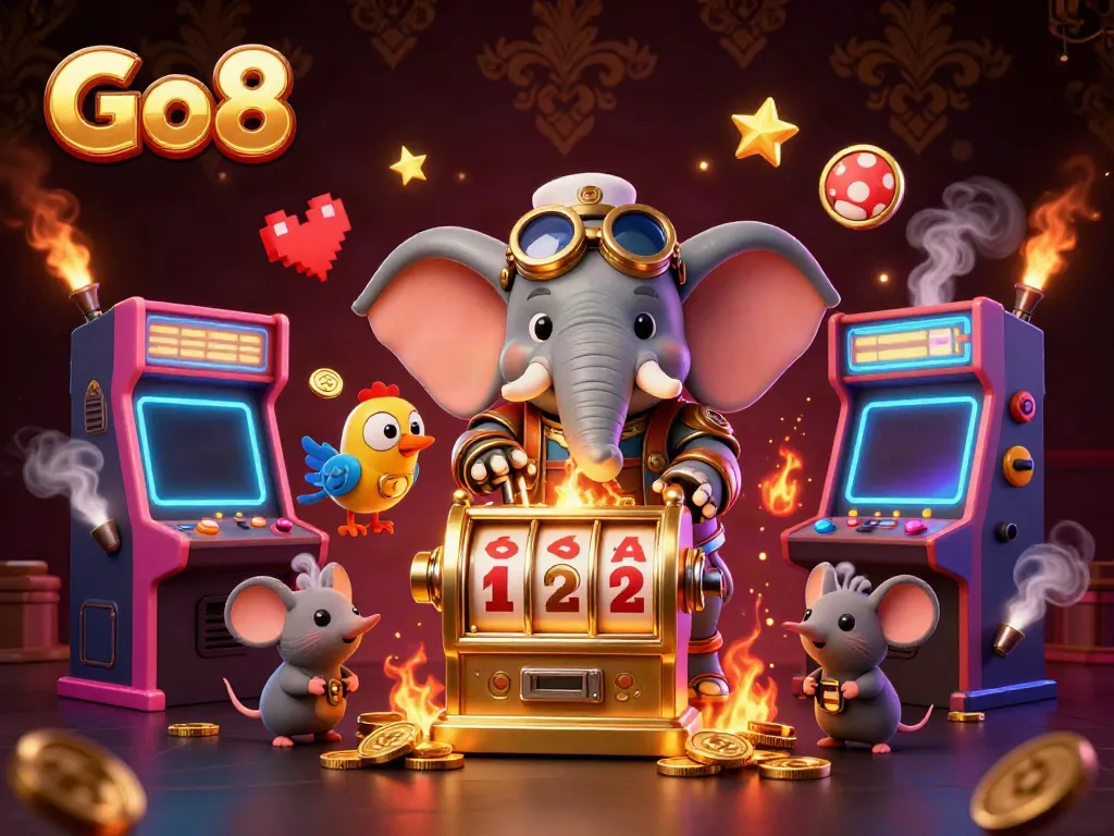 Engage in exhilarating fun at Go8's golden slots with this dynamic casino illustration, featuring a steampunk elephant.